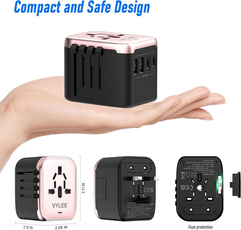 VYLEE Universal International Power Travel Plug Adapter, 5 in 1 European Travel Plug Adapter W/ 3.5A 2xUSB-A and 2xUSB C Wall Charger and Worldwide AC Outlet for Europe USA UK AUS(Rose Gold) - Image 5